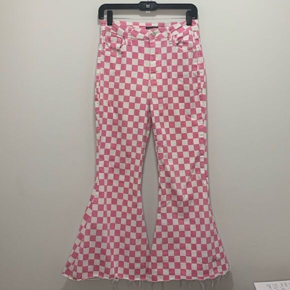 Fashion Nova Pink Checkered Flare Leg‎ Pants Size 9 - Picture 1 of 7